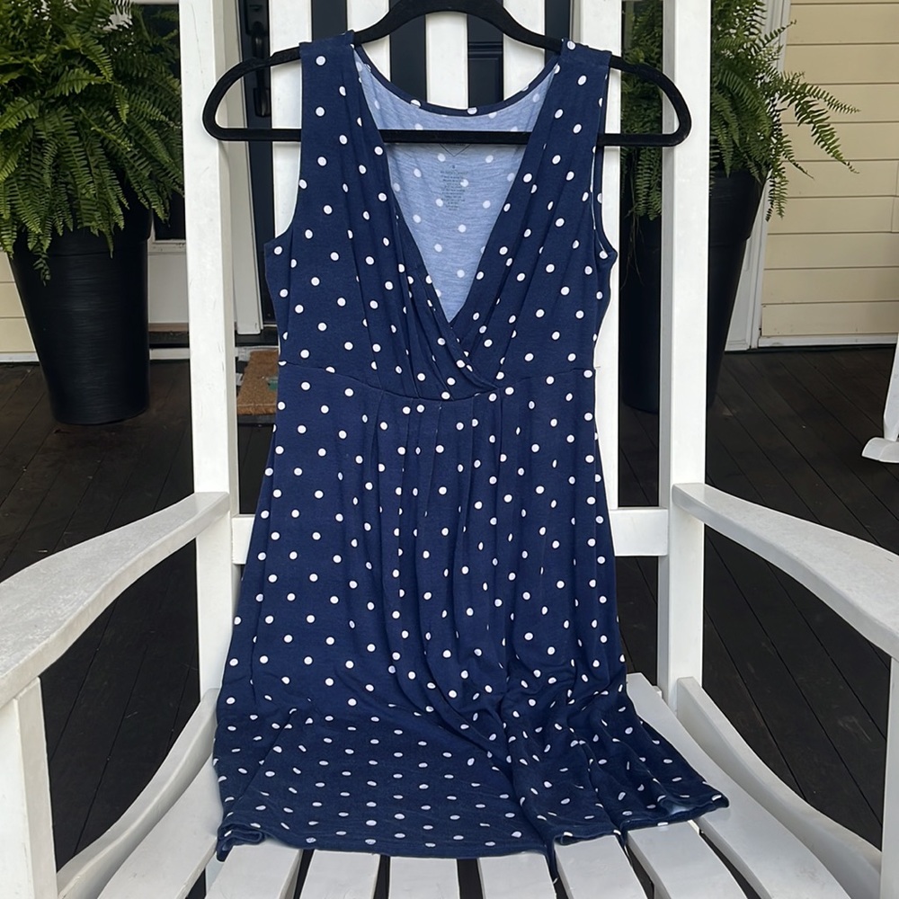 ☀️St. John’s Bay Blue & White Polka Dot A-Line V-Neck Dress Size Small